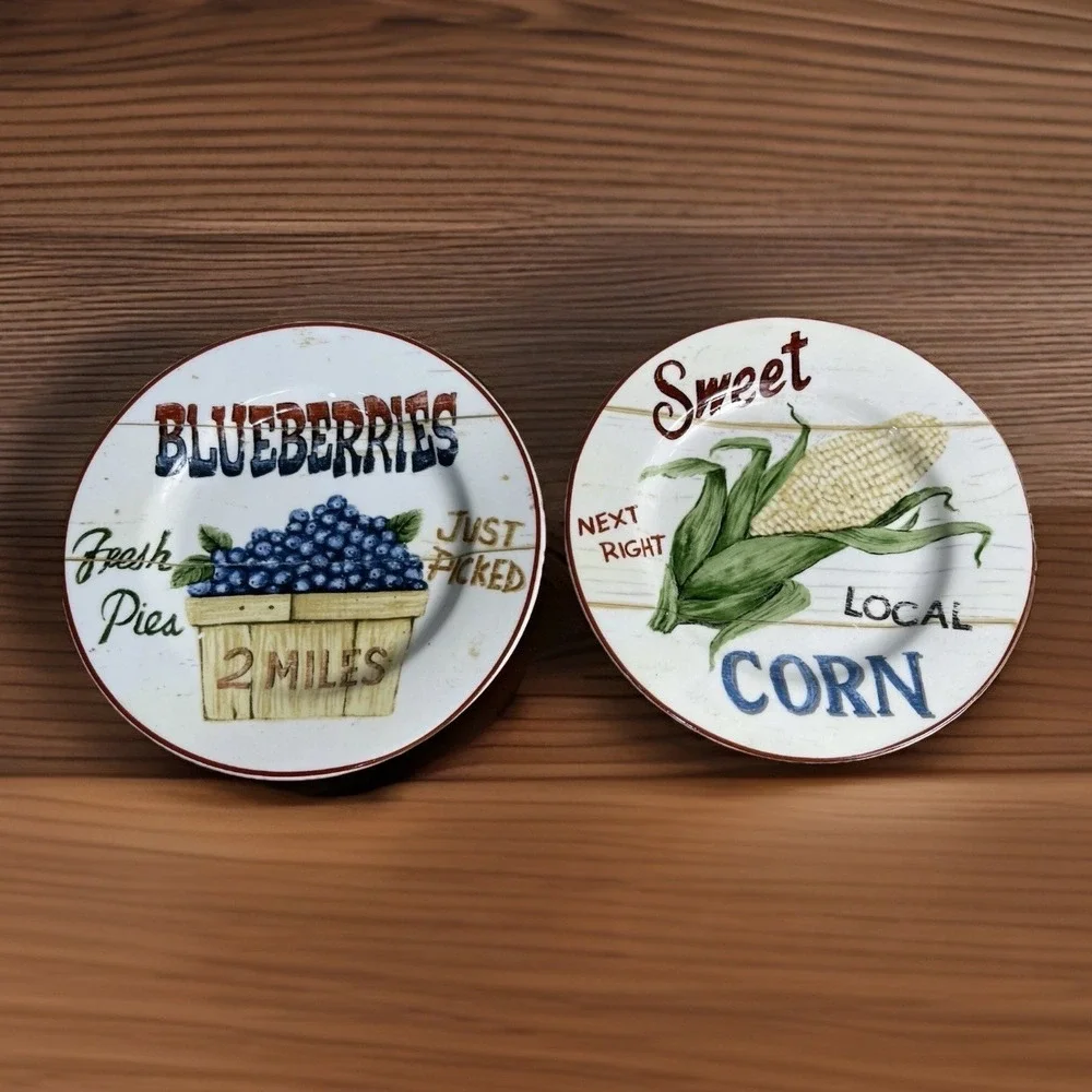Home Trends FARM FRESH Set/2 Salad‎ Plates Corn & Blueberries Farmhouse Decor